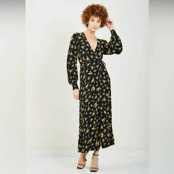 Ganni | Dresses | Nwot Ganni Floral Black And Yellow Wrap